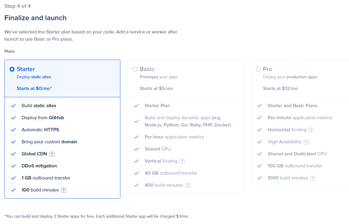 Pricing options and limits "Screenshot of DigitalOcean App Platform's pricing page, showing the higher tiers disabled"