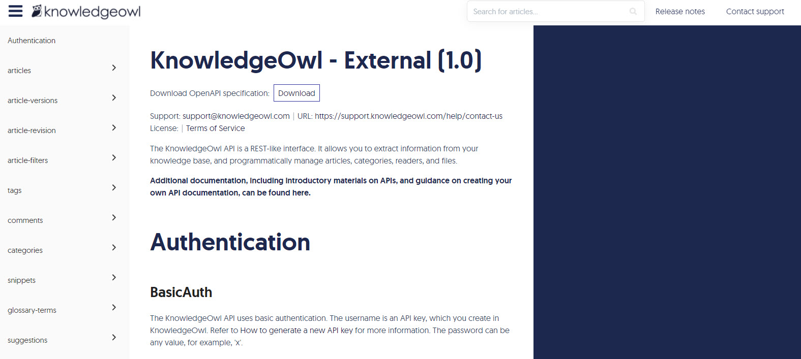 Screenshot of the KnowledgeOwl endpoint reference